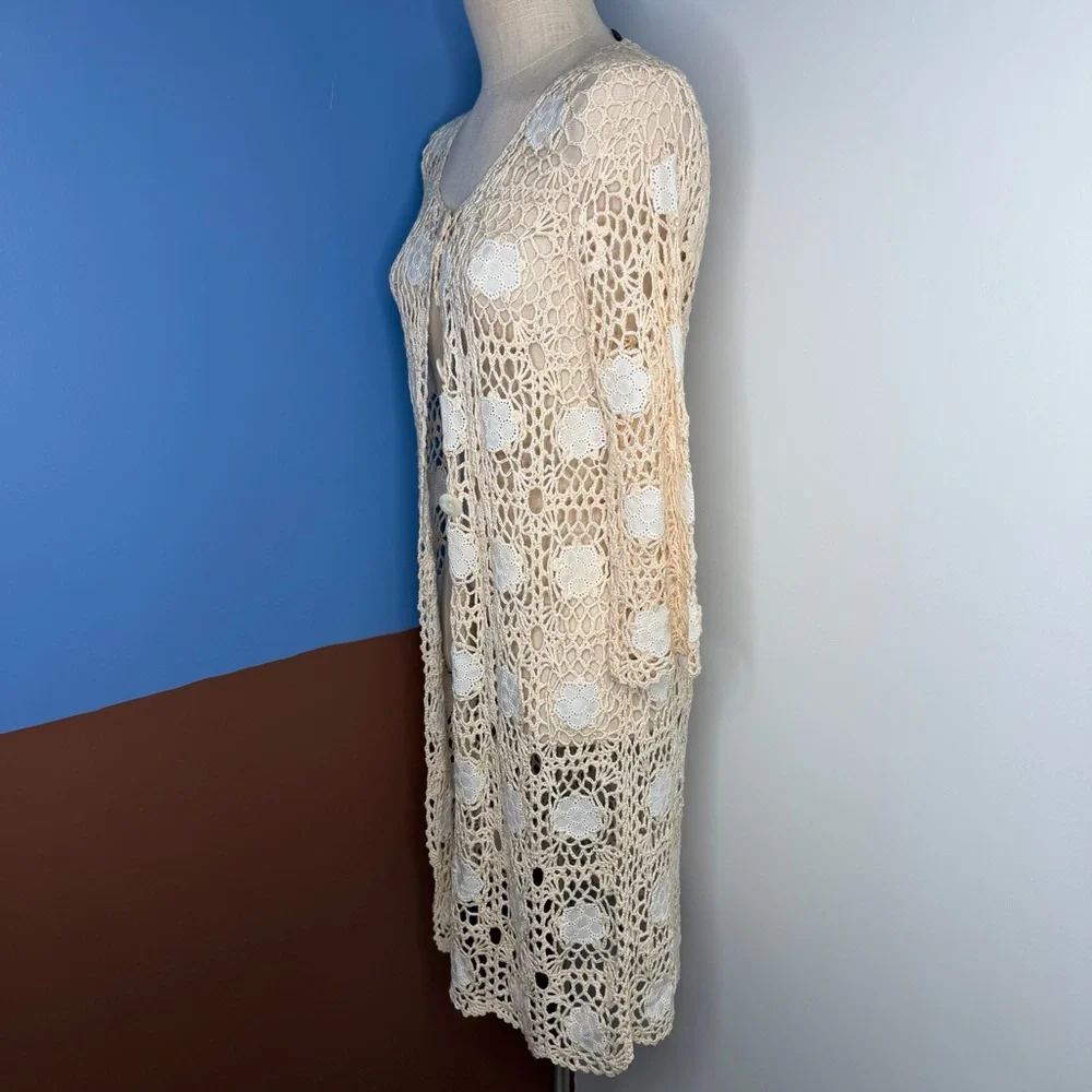 Vintage Cream Crochet Cardigan with White Flower Accents Open Knit Boho Festival